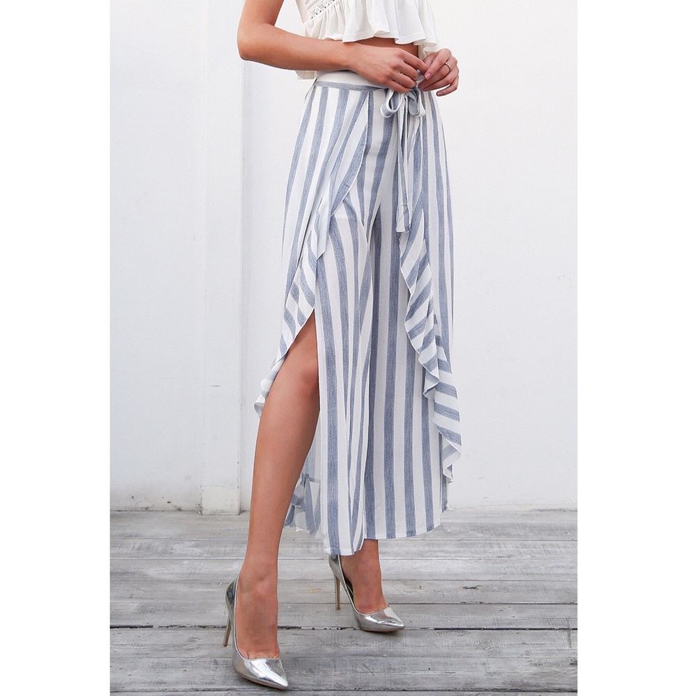 High Waisted Chiffon Striped Palazzo Pants Ruffles - Picture 2 of 13